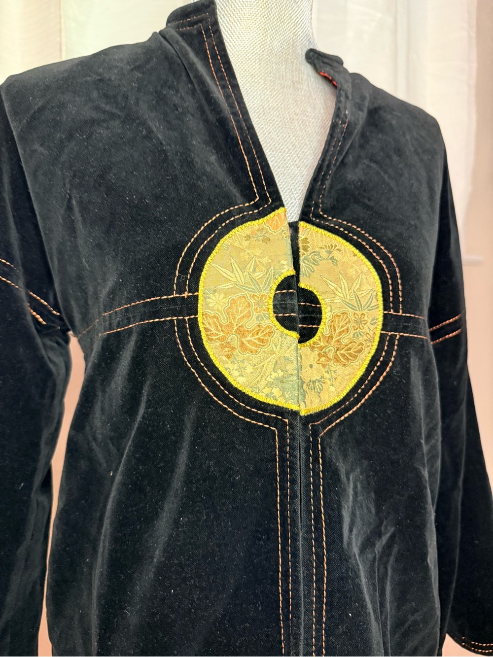 Black Velvet Jacket with Yellow Embroidered Medallion